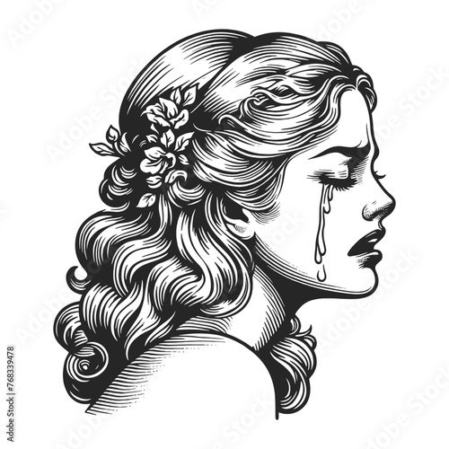 Crying woman in a state of sorrow, her hand covering her face in despair sketch engraving generative ai fictional character vector illustration. Scratch board imitation. Black and white image.