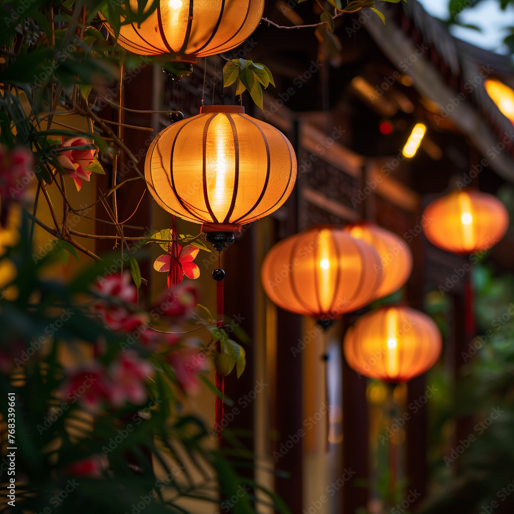 Illuminated Lanterns Adorning Traditional Architecture at Dusk Illuminated Lanterns Adorning Traditional Architecture at Dusk