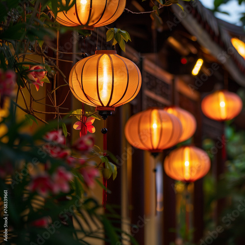 Illuminated Lanterns Adorning Traditional Architecture at Dusk