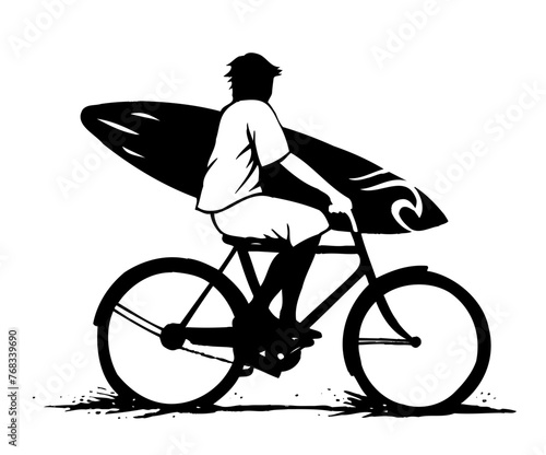 Hand held vector illustration of surfer riding a bicycle.