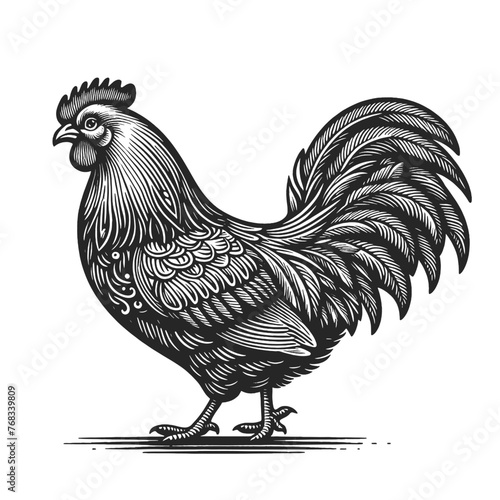 Rooster farm animal sketch engraving generative ai fictional character vector illustration. Scratch board imitation. Black and white image.