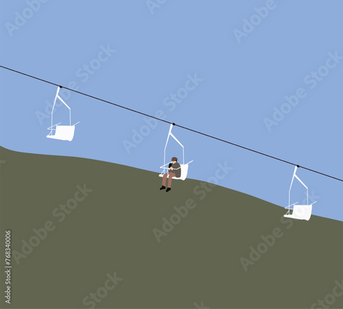 Man sitting in cable car or ski lift was going up to the top of the mountain on sunny day. Nature and sport leisure on holiday vacation.