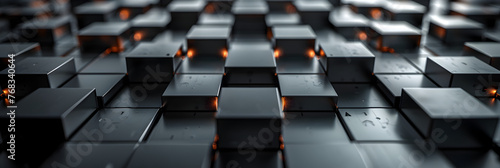 Three-dimensional black abstract aluminium box , Abstract black futuristic technology background with many black cubes