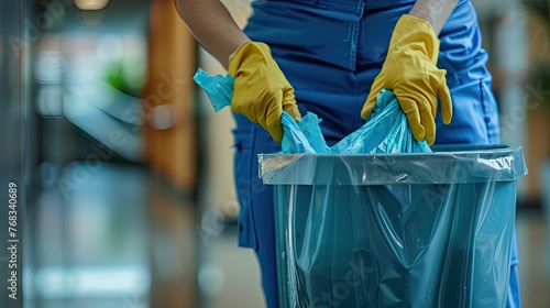 Close up gloved hands of female cleaner throwing trash from garbage bin into plastic bucket on janitor trolley while working in hotel. Clean hotel, office, hospital  photo
