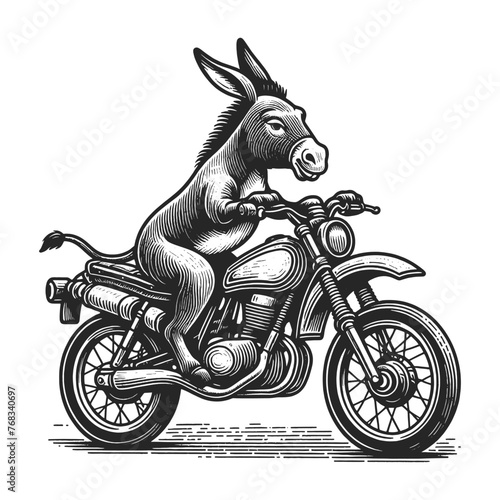 donkey riding a classic motorcycle, with a humorous and whimsical vintage vibe sketch engraving generative ai vector illustration. Scratch board imitation. Black and white image.