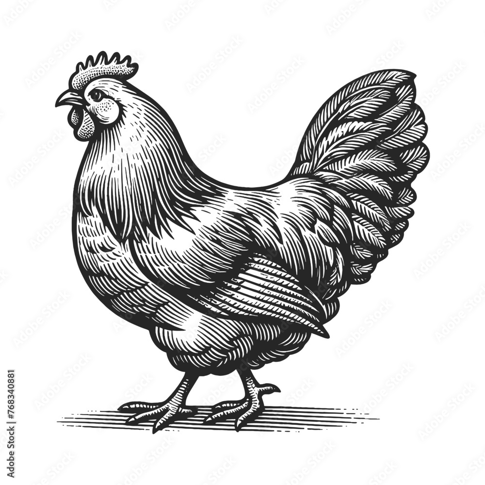 Chicken hen poultry bird farm animal sketch engraving generative ai fictional character vector illustration. Scratch board imitation. Black and white image. - obrazy, fototapety, plakaty 