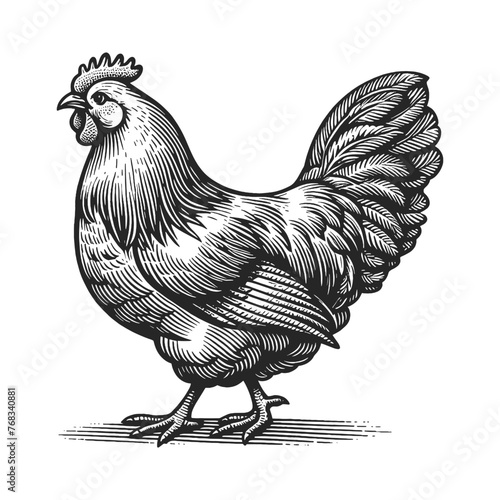 Chicken hen poultry bird farm animal sketch engraving generative ai fictional character vector illustration. Scratch board imitation. Black and white image.