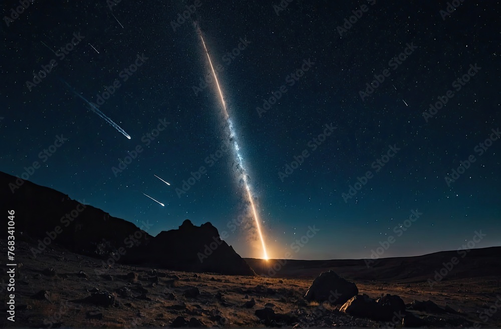 A comet, an asteroid, a meteorite falls to the ground against a starry sky. Attack of the meteorite. Meteor Rain. Kameta tail. End of the world. Astranomy.