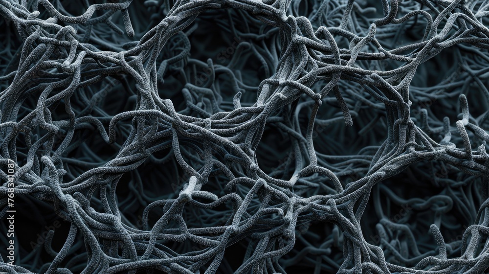 3D abstract pattern of interwoven fibers creating a dense network with depth and texture