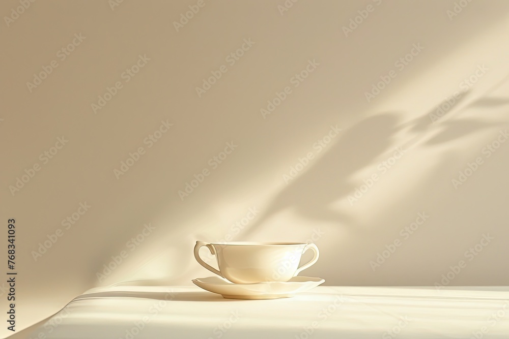 A delicate porcelain tea cup set against a pure - obrazy, fototapety, plakaty 