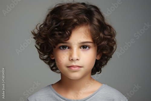 Portrait of a cute little boy with curly hair over gray background