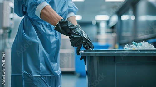 Close up gloved hands of female cleaner throwing trash from garbage bin into plastic bucket on janitor trolley while working in hotel. Clean hotel, office, hospital 