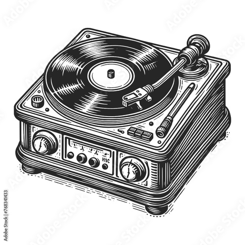 Classic vinyl record player in detailed sketch engraving generative ai fictional character vector illustration. Scratch board imitation. Black and white image.