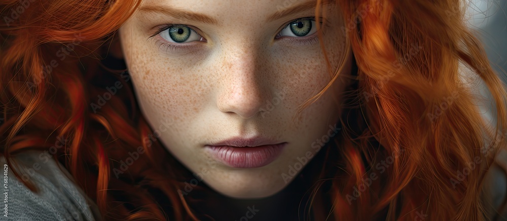 A closeup portrait photography of a woman with layered red hair, green eyes, and eyelash details. Her jawline and flesh tones add an artistic touch to the hair coloring A closeup portrait photography of a woman with layered red hair, green eyes, and eyelash details. Her jawline and flesh tones add an artistic touch to the hair coloring