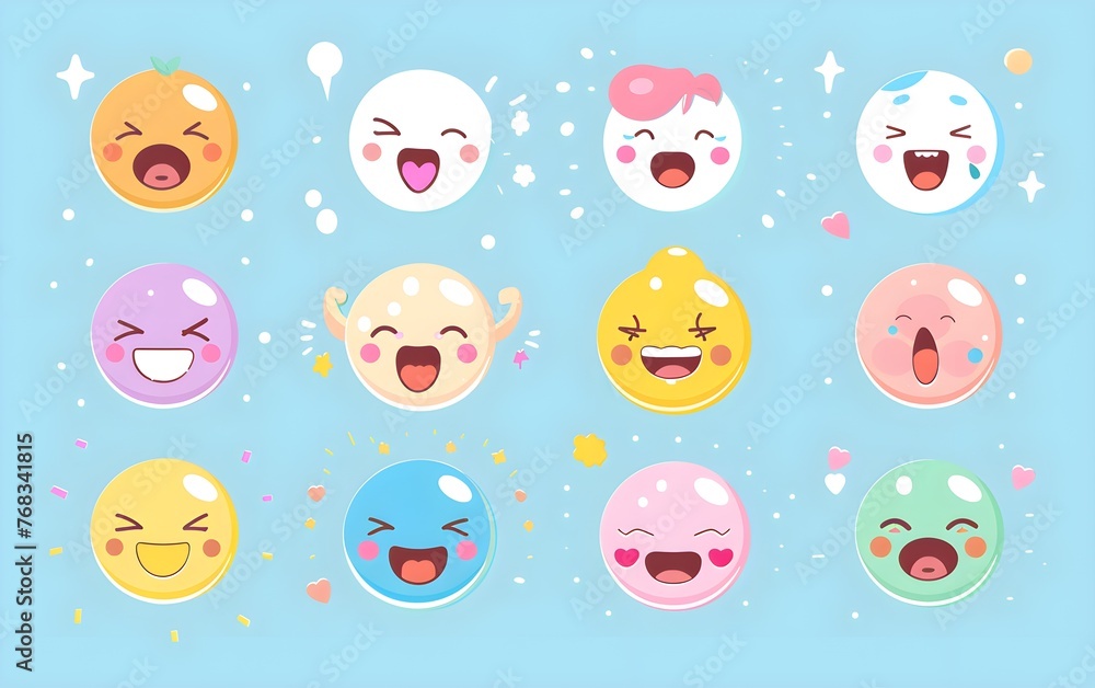 Cute emoji set Round abstract comic faces with various emotions on pastel color Vector drawing style Different colorful characters Flat trendy illustration design for mobile phone apps chat wallpaper Cute emoji set Round abstract comic faces with various emotions on pastel color Vector drawing style Different colorful characters Flat trendy illustration design for mobile phone apps chat wallpaper