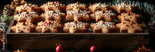 Christmas gingerbread background cookies with fir, pine, on white texture happy ,
Homemade Christmas gingerbread cookies in a box