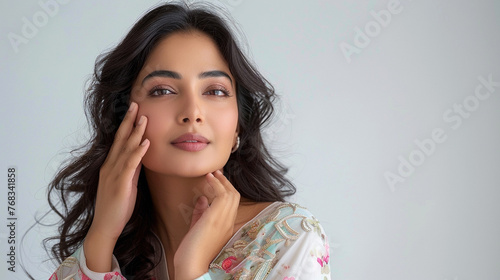 Beautiful Indian Woman with Perfect Skin Touching Her Skin After A Treatment. Dermatology, Spa, Skin Care Concept