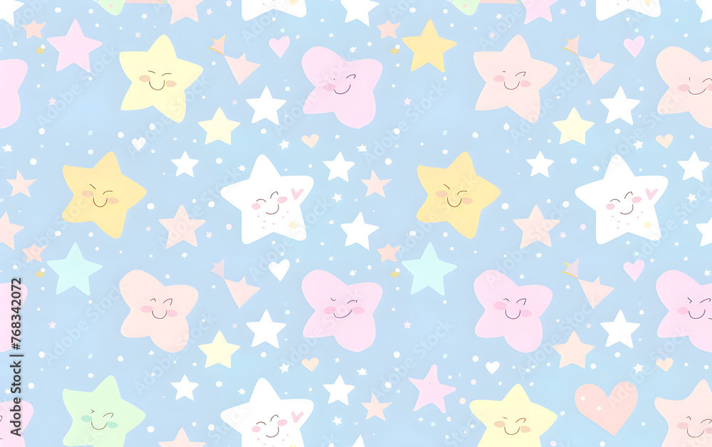 Hearts, stars and dots in kids seamless pattern in doodle style. Ornament in pastel calm colors on the white background, kids, childish girly design, drawing, vector digital style