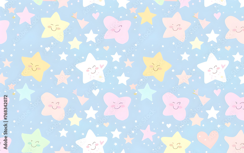 Hearts, stars and dots in kids seamless pattern in doodle style. Ornament in pastel calm colors on the white background, kids, childish girly design, drawing, vector digital style Hearts, stars and dots in kids seamless pattern in doodle style. Ornament in pastel calm colors on the white background, kids, childish girly design, drawing, vector digital style
