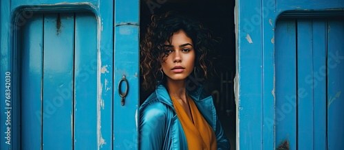 A woman with fashion design in electric blue formal wear is peeking out of a vibrant blue door, creating a fun and artistic portrait photography shot