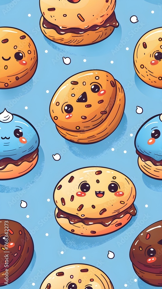 Background with cute desserts with eyes. Donuts, muffins, cute chocolate cookies. Smiling sweets on a pastel blue modern color pink beige, seamless anime style design wallpaper Food kawaii characters Background with cute desserts with eyes. Donuts, muffins, cute chocolate cookies. Smiling sweets on a pastel blue modern color pink beige, seamless anime style design wallpaper Food kawaii characters