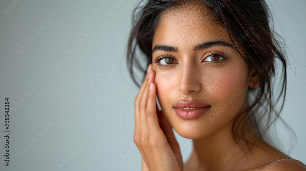 Beautiful Indian Woman with Perfect Skin Touching Her Skin After A Treatment. Dermatology, Spa, Skin Care Concept Beautiful Indian Woman with Perfect Skin Touching Her Skin After A Treatment. Dermatology, Spa, Skin Care Concept