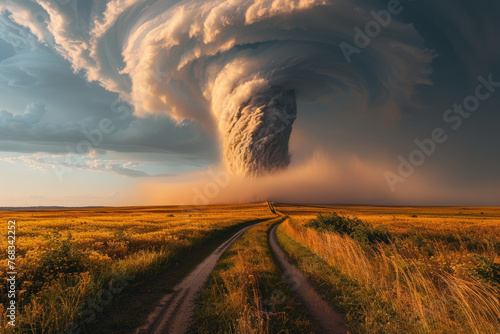 Imposing tornado funnel formation on the horizon above a tranquil country landscape under a threatening sky