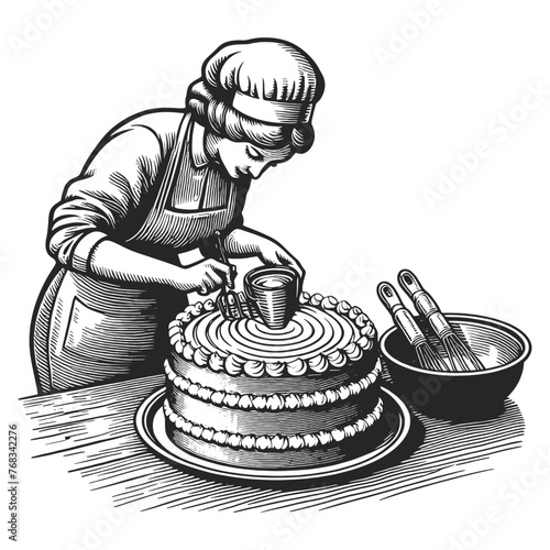 Woman confectioner cake baking hand-icing kitchen utensils and ingredients. Sketch line art engraving generative ai vector illustration. Scratch board imitation. Black and white image.