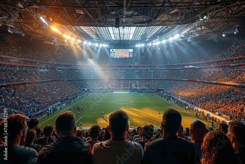 A bustling stadium with a filled crowd gazes upon a nighttime football game, under bright lights