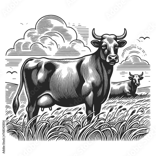  cows grazing peacefully among wildflowers and grass sketch engraving generative ai fictional character vector illustration. Scratch board imitation. Black and white image.