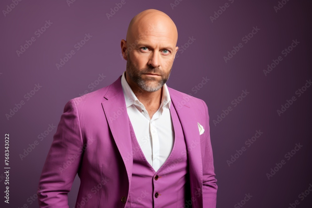Portrait of a stylish mature man in a pink suit on a purple background. Portrait of a stylish mature man in a pink suit on a purple background.