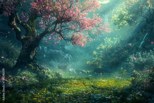 Enchanting Magical Forest Scene with Blooming Cherry Trees and Mysterious Fog Fantasy Landscape for Fairy Tales and Adventure