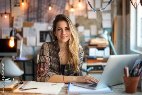 Content young woman with a smile working on her laptop amidst a creative office setting