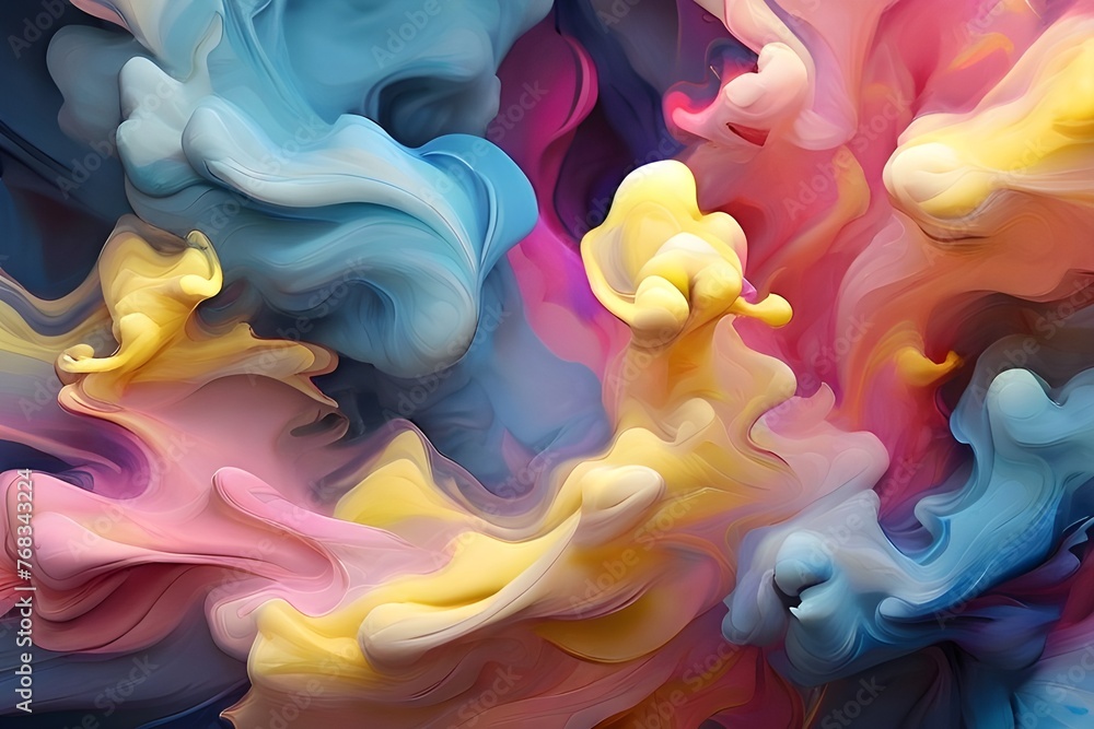 Abstract beautiful blue, yellow and pink color smoke background. Nice painting texture. Soft pattern with lighting effect. Fractal artwork for creative graphic design Generative AI