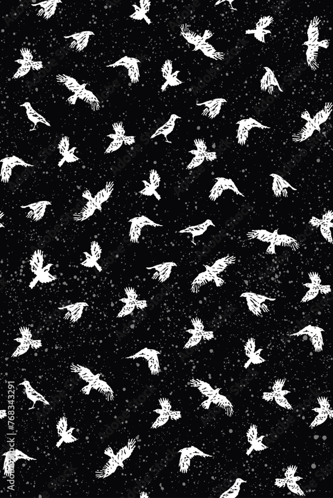 Fototapeta premium Vector pattern illustration of birds silhouette randomly scattered with texture on dark background.