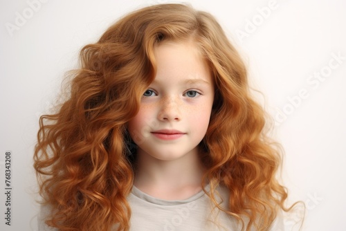 Portrait of a beautiful little girl with long curly red hair.