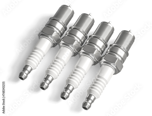 Set of Four Spark Plugs 3D Render Realistic on Transparent Background (ID: 768343255)