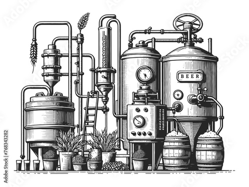 Beer brewing process factory equipment with beer brewing elements and grains. Sketch engraving generative ai vector illustration. Scratch board imitation. Black and white image.