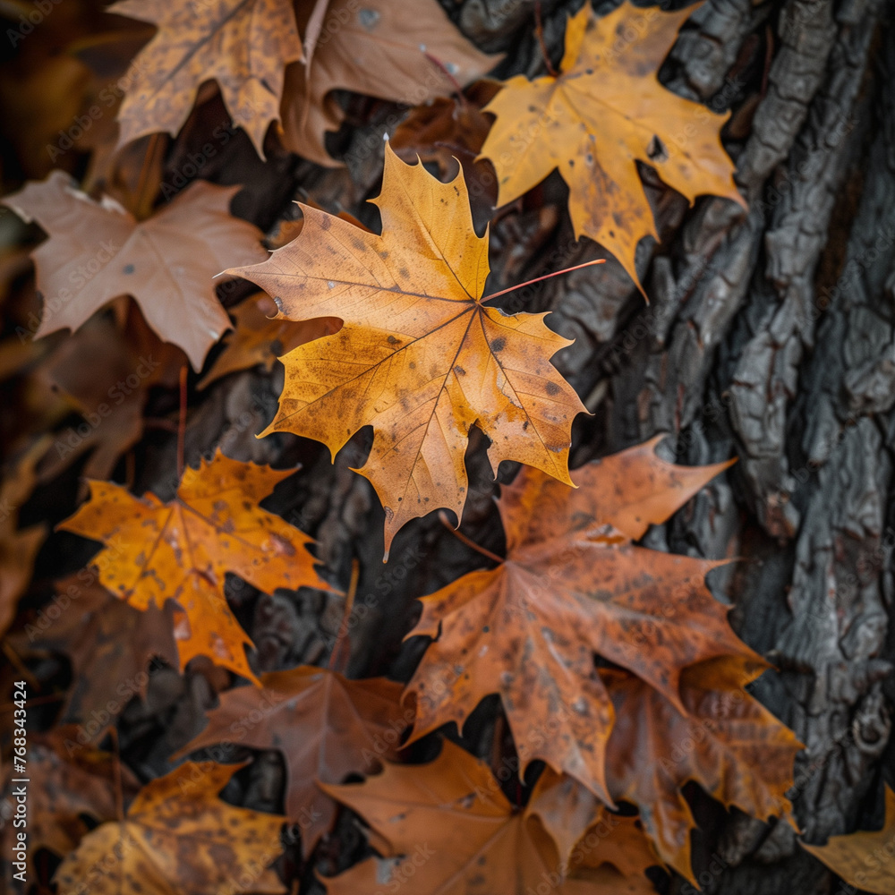 Autumn Maple Leaves Against Bark Texture