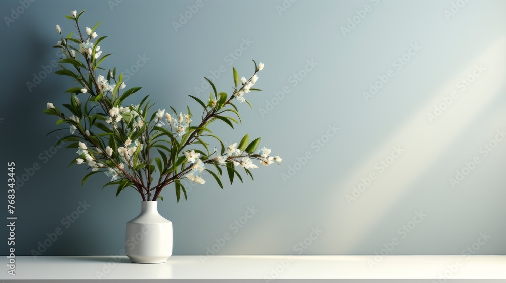 Interior with a white vase and twigs with white flowers and leaves on a blue background.