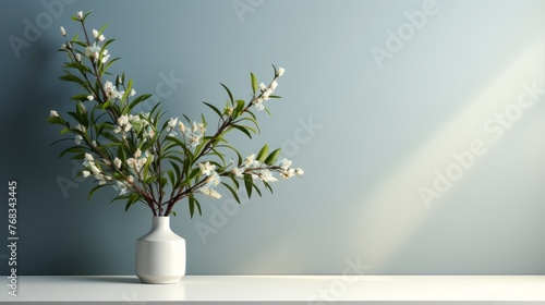 Interior with a white vase and twigs with white flowers and leaves on a blue background.