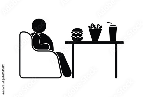 man eating fast food, icon fat man in a chair, unhealthy diet and obesity, sedentary lifestyle