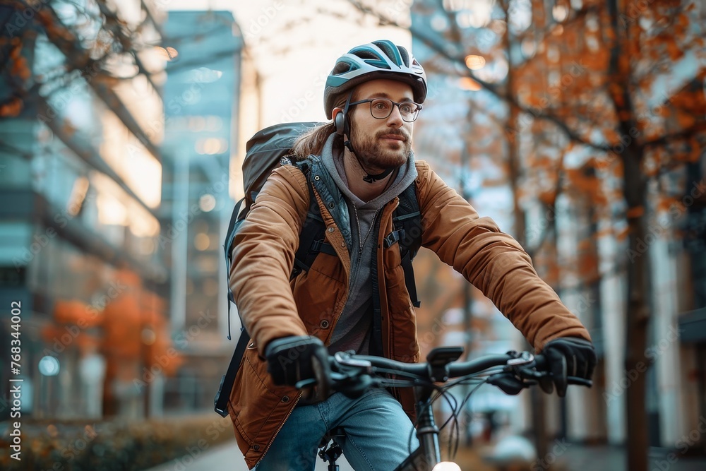 Man comfortably cycling through city streets surrounded by colorful fall foliage in an urban setting Man comfortably cycling through city streets surrounded by colorful fall foliage in an urban setting