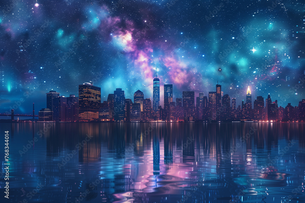 art, starry sky, Manhattan skyline, blue color scheme art, starry sky, Manhattan skyline, blue color scheme