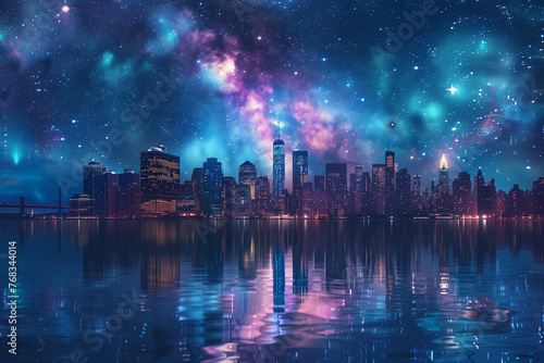 art, starry sky, Manhattan skyline, blue color scheme