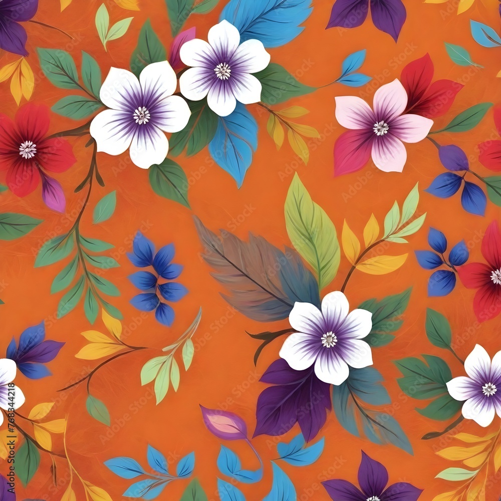 Flowers and leaves wallpaper on orange background