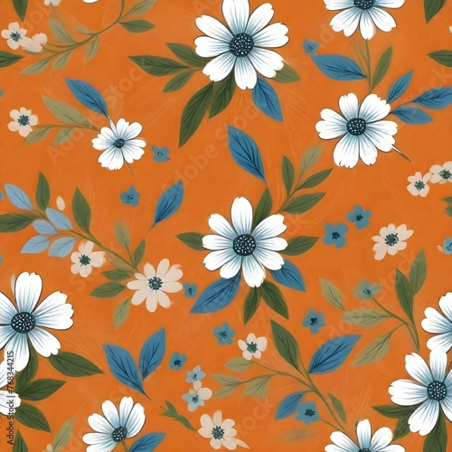 Flowers and leaves wallpaper on orange background