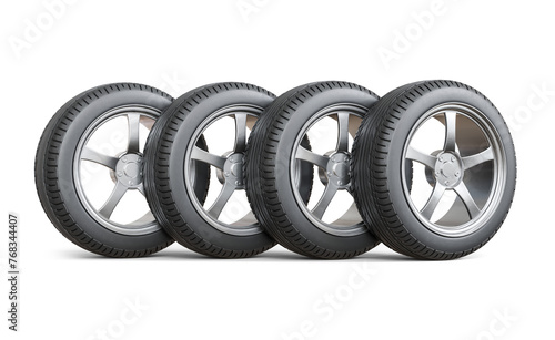 Set of Alloy Wheels with Tires 3D Render on Transparent Background (ID: 768344407)