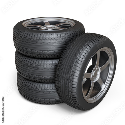 Set of Alloy Wheels with Tires 3D Render on Transparent Background (ID: 768344410)