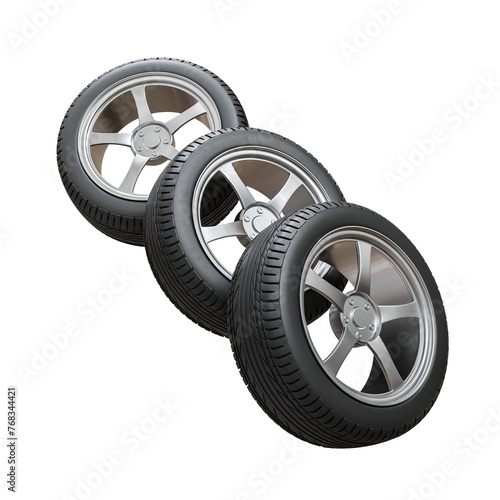 Set of Alloy Wheels with Tires 3D Render on Transparent Background (ID: 768344421)